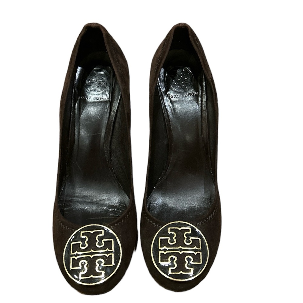 COPY - Tory Burch Brown Suede Leather Gold Details Heels.